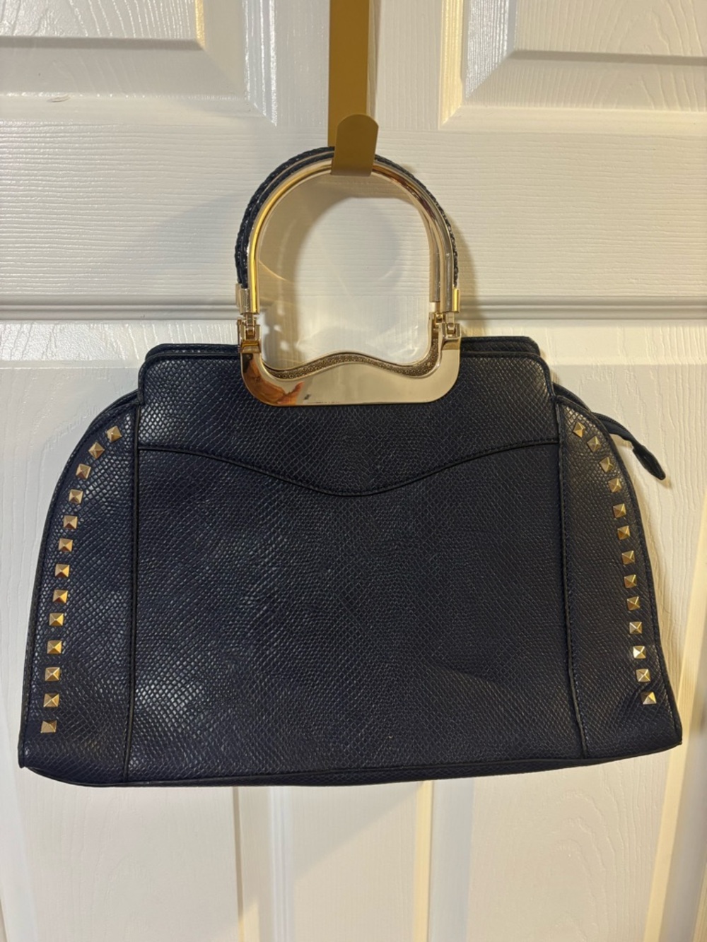 Black Structured Top-Handle Tote with Gold Hardware